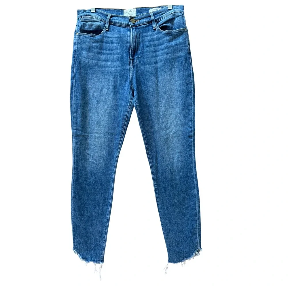 Frame Le‎ High Skinny Jeans Blue Mid Rise Raw Hem Distressed Astaire Sz 32 - Picture 2 of 10